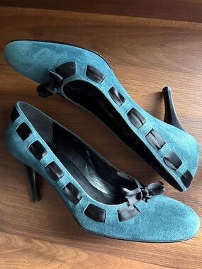 Massimo Baldi Italian-Made Blue Suede Heels Black Ribbon & Bow Women's Size 10